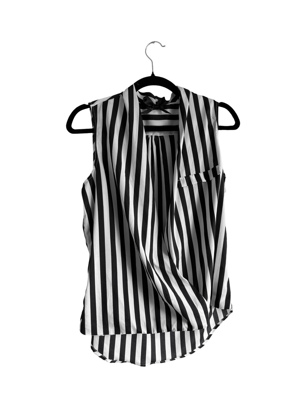 Express Black & White Vertical Stripe Draped Faux Wrap Sleeveless Blouse S